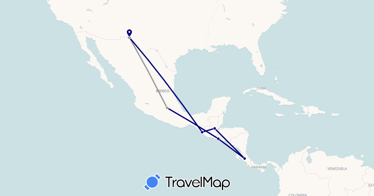 TravelMap itinerary: driving, plane in Costa Rica, Guatemala, Mexico, El Salvador (North America)